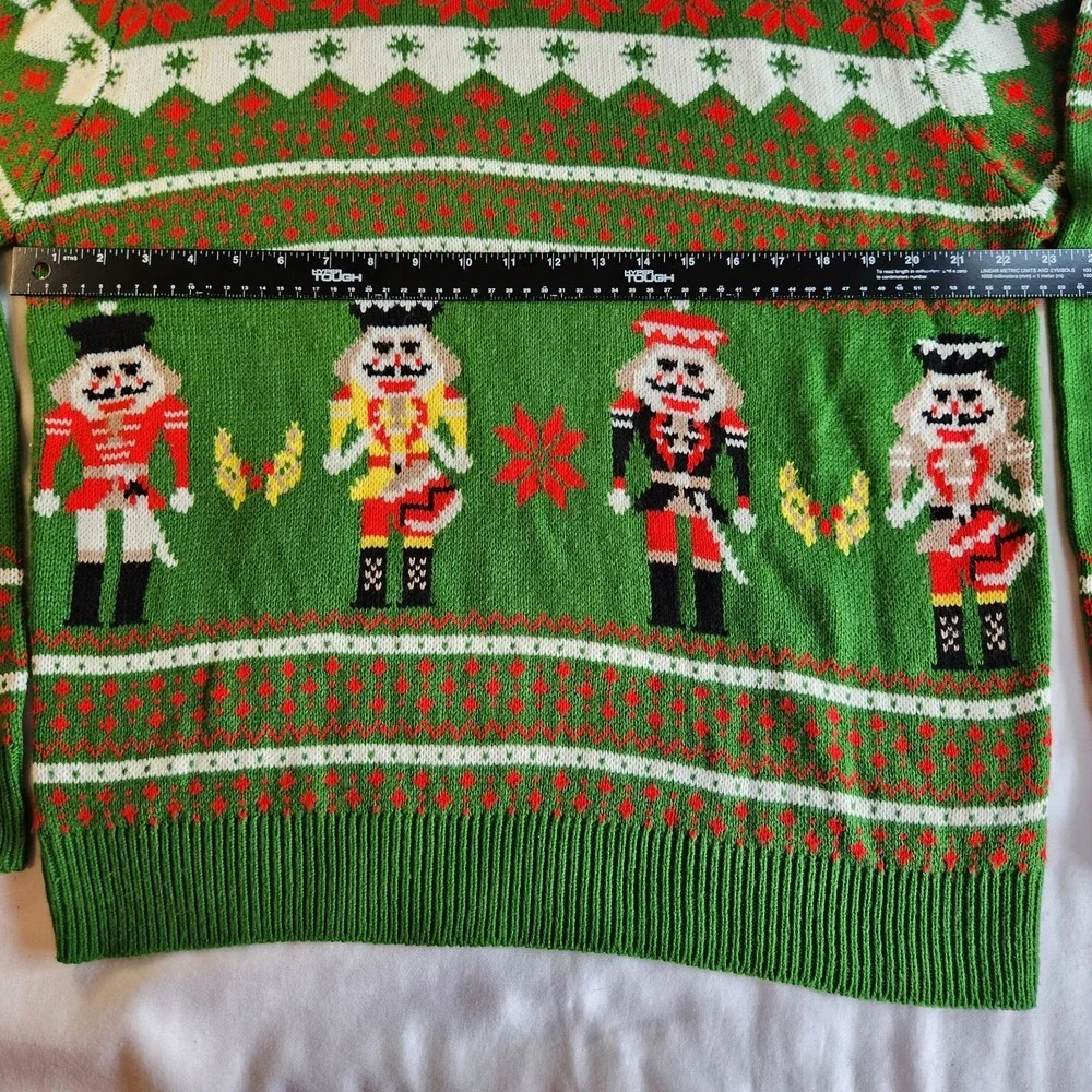 UGLY CHRISTMAS SWEATER Mens Large Green Red‎ White Nutcrackers Toy Soldiers